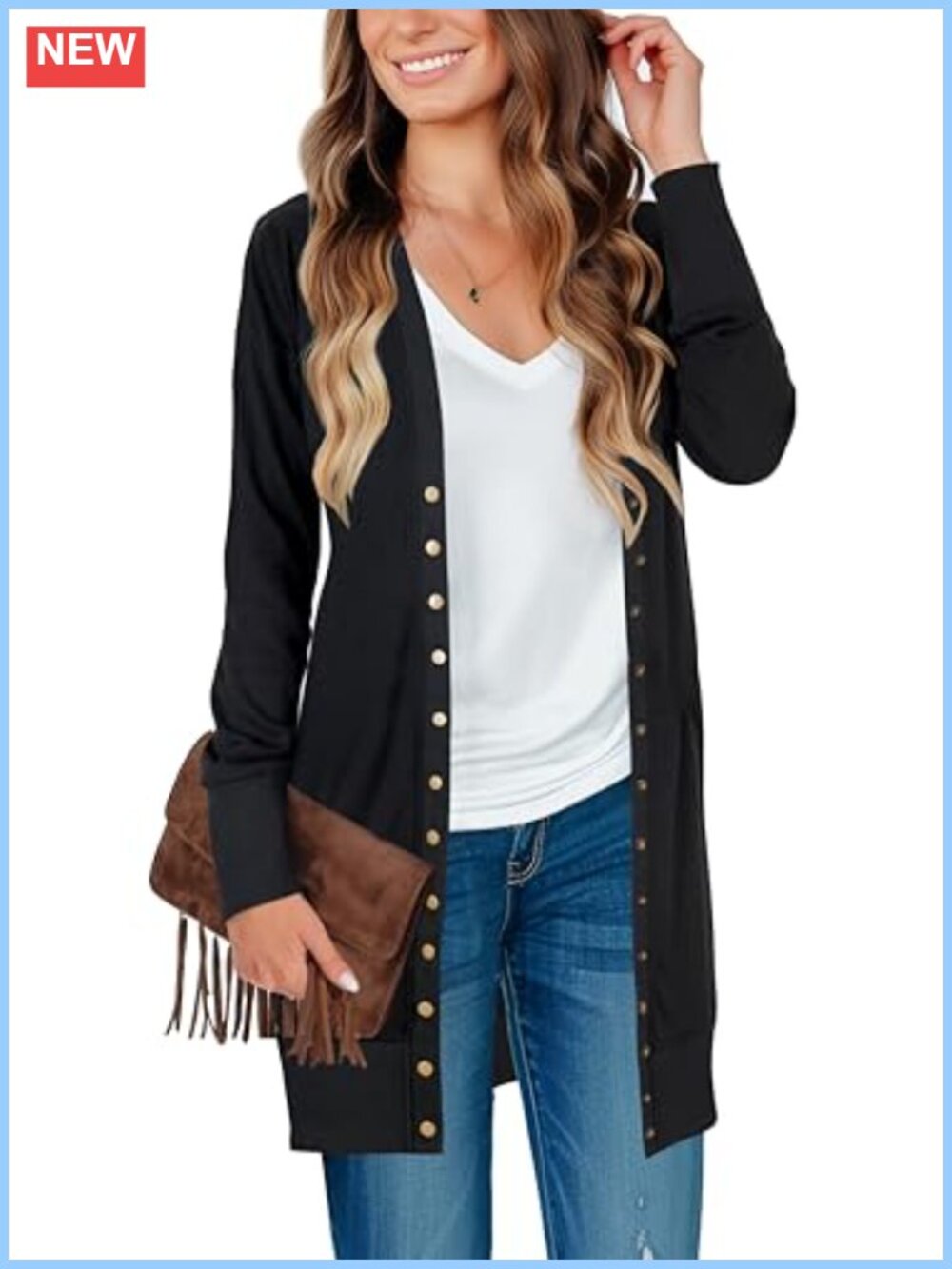 Long Cardigan Sweater Open Front Snap Button Knit Ribbed Women's